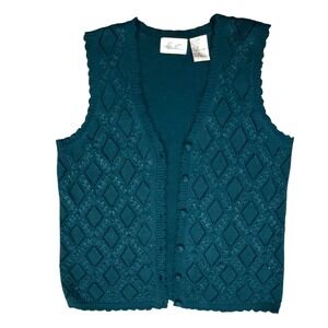 Vintage‎ Kathy Lee Teal Green Cotton Blend Knit Sleeveless Cardigan Vest 16W